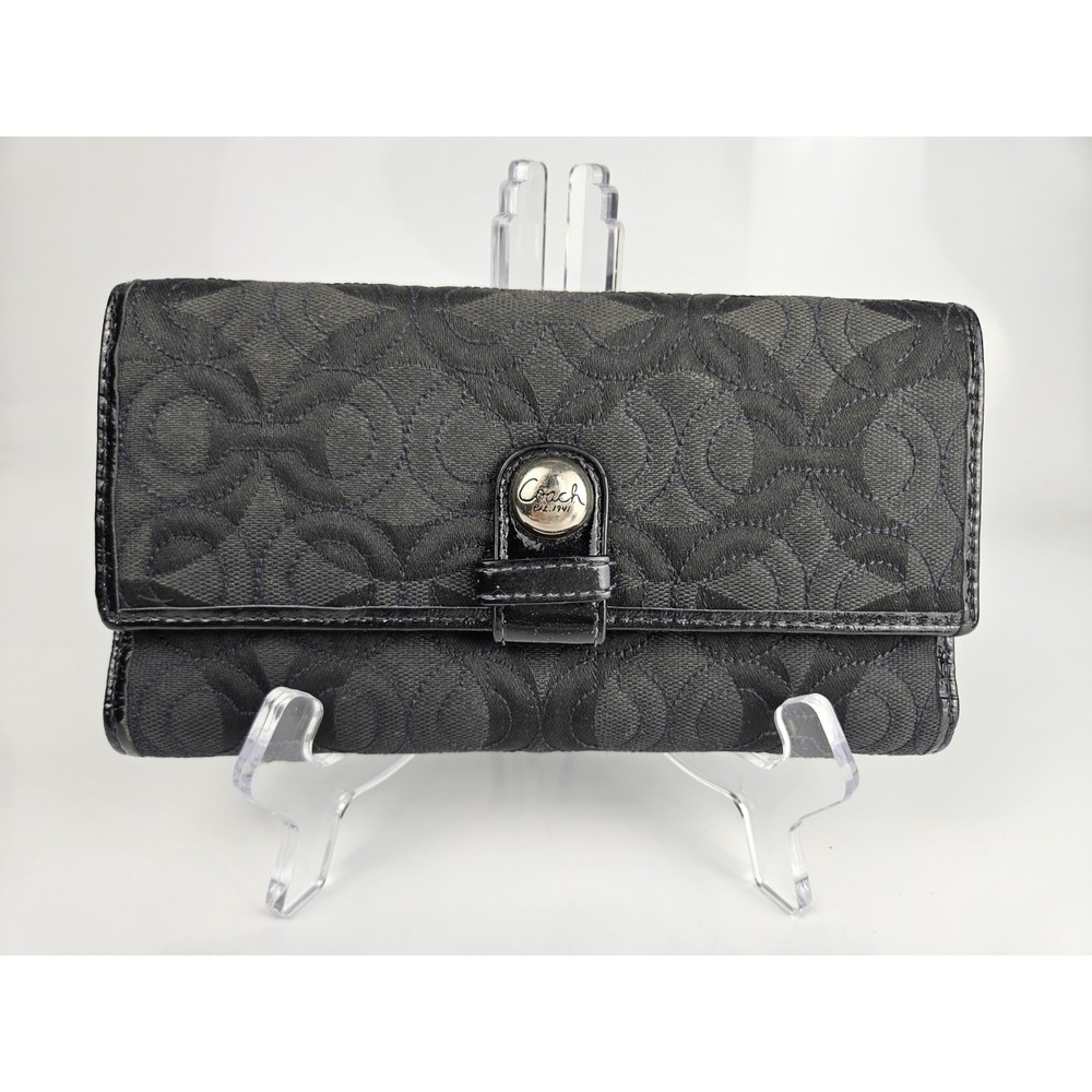 COACH Quilted Black Signature Fabric Wallet Clutch Checkbook Credit Cards‎